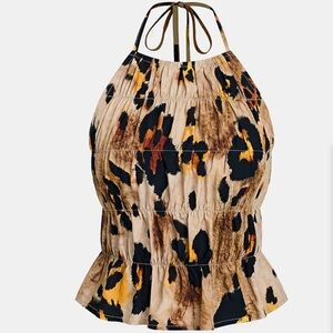 NWT Size L Lexi Rivera Catwalk Top Leopard halter tie smock detail